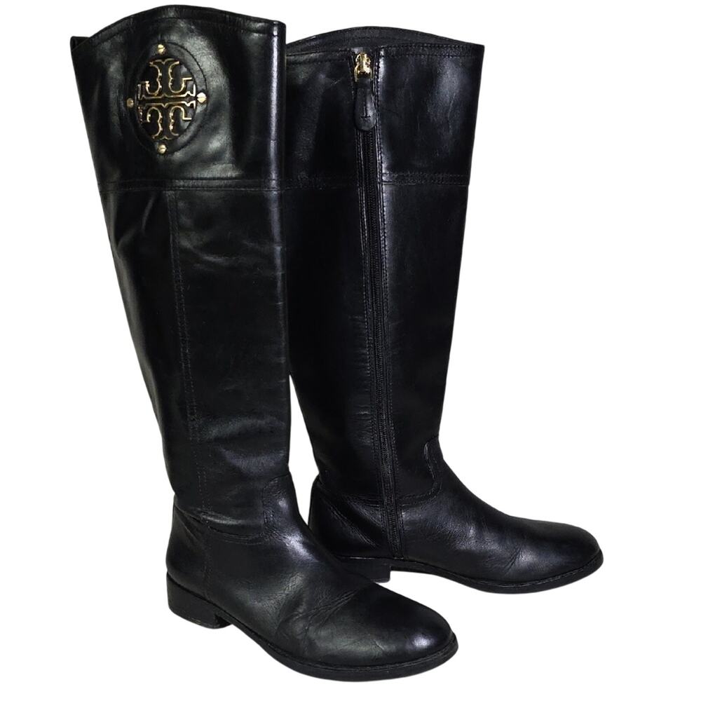 Tory Burch Kiernan Black Leather Riding Boots With Gold Tone Logo Womens Size 8